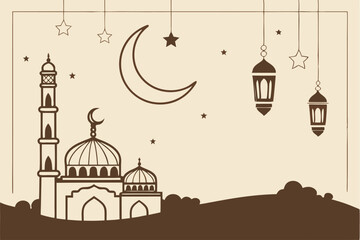 Business design featuring crescent moon, mosque, and lanterns for marketing and advertising