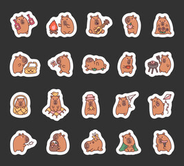 Adorable capybara picnic set featuring camping, outdoor cooking, kite flying, joyful music, delicious snacks, and relaxing activities in kawaii cartoon style illustrations