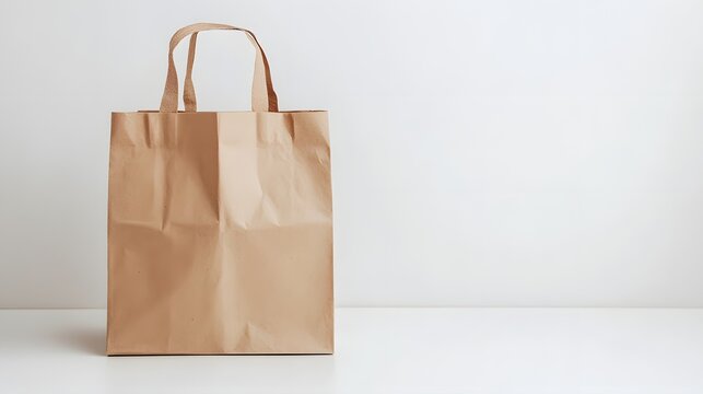 A light brown paper bag stands on a white surface