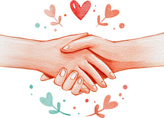 Watercolor illustration of two hands holding each other with a red heart and decorative leaves, symbolizing love, kindness, and support.