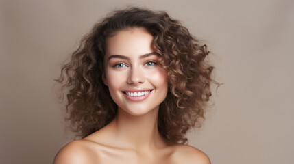 Smiling young woman with radiant skin and beautiful teeth against a soft gradient background. Ideal for skincare, spa, dental, and wellness advertising.

