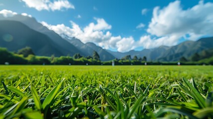Fototapeta premium A serene view of lush green grass under a bright sky, framed by majestic mountains in the background, evoking a sense of tranquility and natural beauty.
