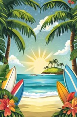 Tropical Island Beach Scene With Surfboards And Palm Trees