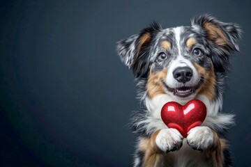 Cute australian shepherd dog with diamond red heart - sign of love, funny greeting card. Ad campaign graphic concept art. Australian shepherd - my desired dog. Valentine's red heart animals.