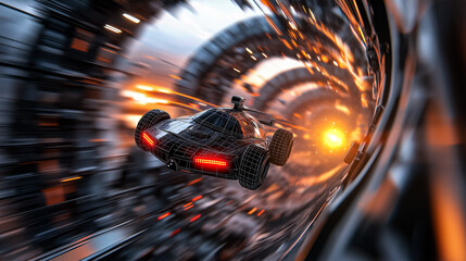 Futuristic Vehicle Flying Through Rotating Sky Structures