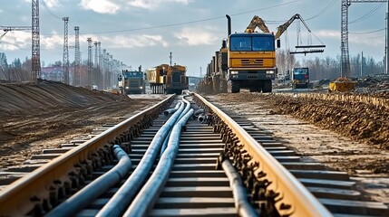 A photo of the construction site with an electric cable plant, which is laying industrial cables along train tracks.