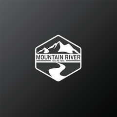 Mountain river adventure scene logo design for branding symbol