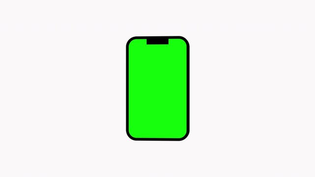 A simple graphic illustration of a smartphone with a green screen, set against a plain white background. The phone is depicted in portrait mode with a small notch at the top. The green screen is like
