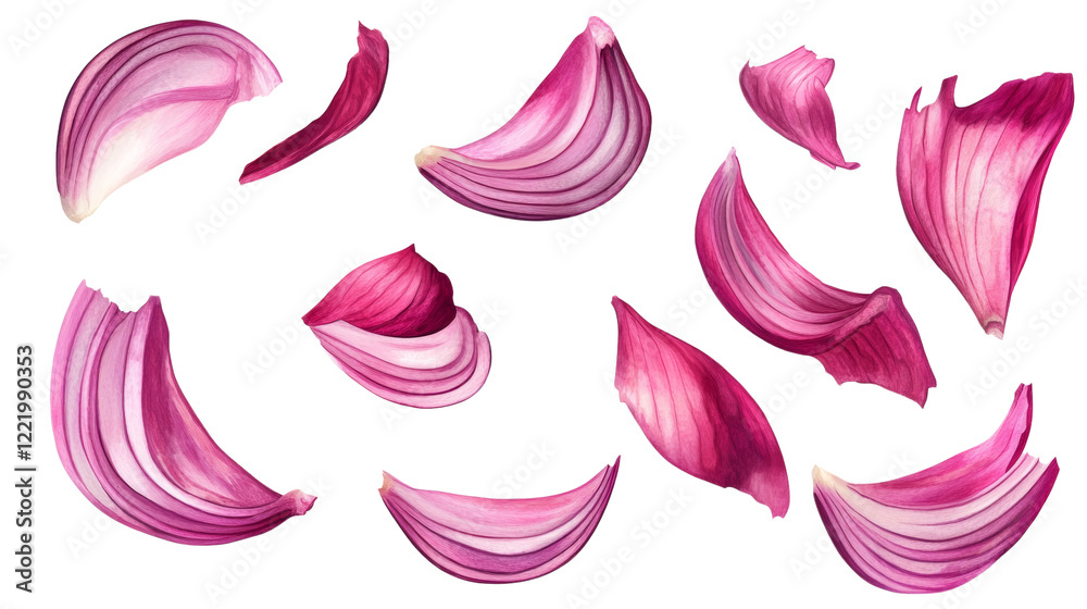 Poster a collection of red onion layers are shown isolated against a black background, showcasing their tex