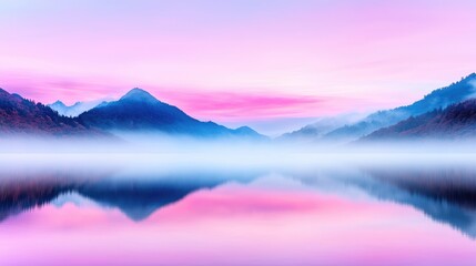 Fototapeta premium Majestic mountains reflect in a calm lake enveloped in thick fog under a vibrant pink and purple sunset sky.