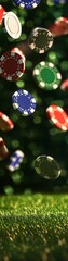 Naklejka premium flying casino poker chips, on a grass background, generative ai