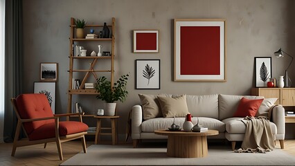 A large blue couch sits in front of a white wall with a large picture frame. The couch is surrounded by potted plants, including a tall one in the corner. The room has a modern and minimalist feel