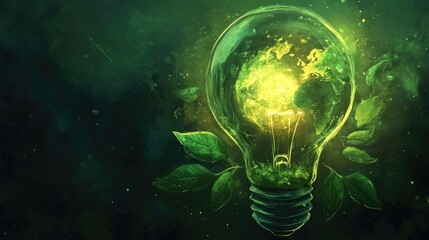 Green Light Bulb with Earth Inside Surrounded by Leaves, Symbolizing Sustainability, Eco-Friendly Energy, and Environmental Protection for Future Generations
