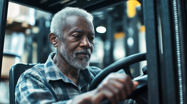 Senior Afro-American man skillfully operating a forklift in a warehouse setting. Generative AI - Powered by Adobe