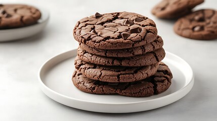 Fototapeta premium Chocolate chip cookies on a white plate, square, close up