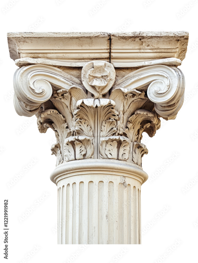 Poster a detailed close-up of a weathered corinthian column capital and shaft showcasing intricate carvings
