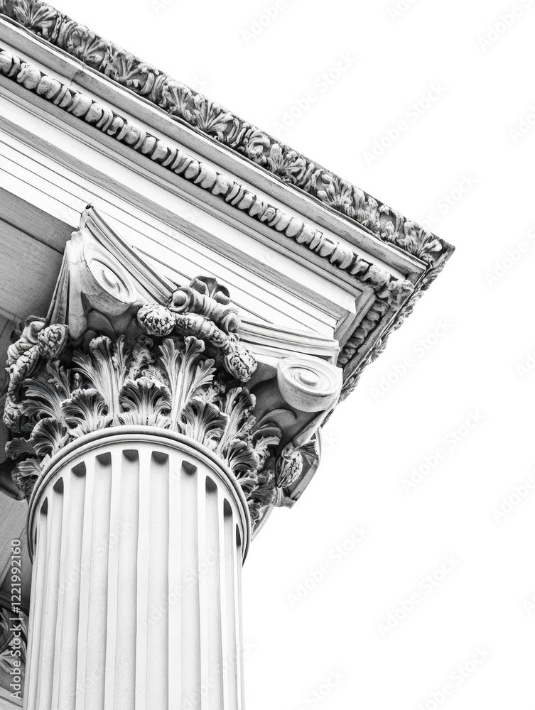 Poster a close-up black and white image showcases the intricate details of a corinthian column's capital an