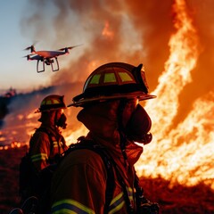 Naklejka premium Firefighters Battling Wildfire with Drone Support