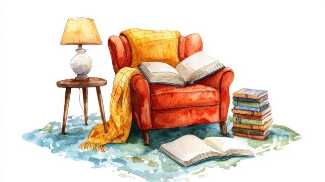 Cozy reading nook with books and lamp home interior illustration warm atmosphere close-up comfort and relaxation
