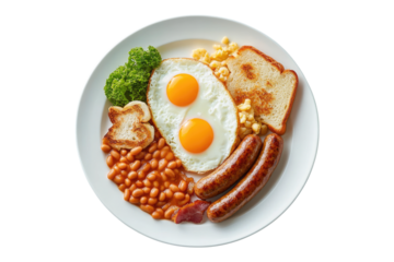 Fried eggs sausages baked beans and toast on white plate isolated on white or transparent, PNG