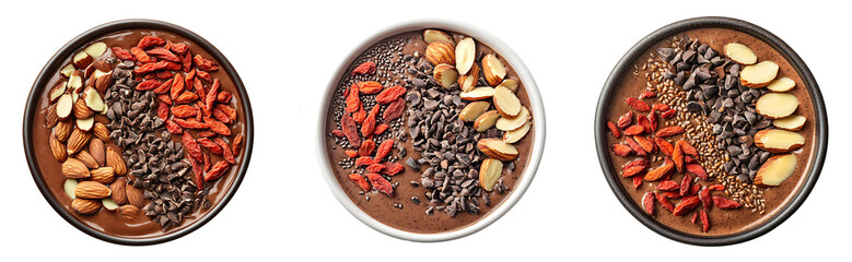 Obraz premium Collection of healthy smoothie bowls with cacao nibs, goji berries, and almond slices isolated on a white or transparent background.