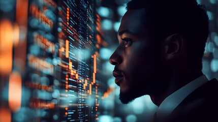 Man observes vibrant digital data streams on screen