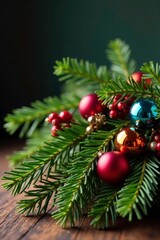 Fototapeta premium Pine branch arrangement with multicolored glass balls and berries on a rustic table, greenery, ornamentation