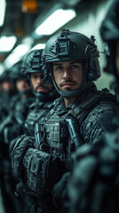 Soldiers in tactical gear stand ready for deployment in a military environment. Generative AI