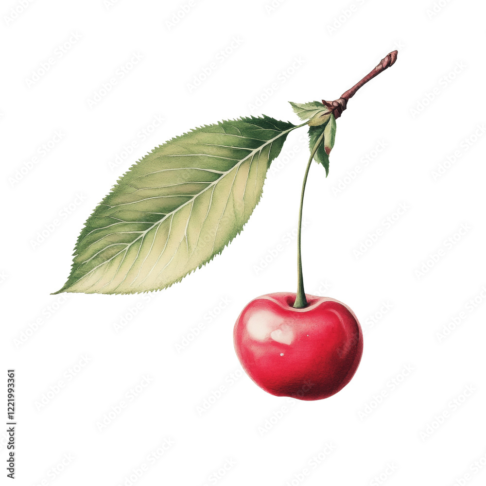 Poster a detailed illustration showcases a single ripe red cherry hanging from a branch with an attached gr