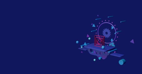Naklejka premium Pink power socket symbol on a pedestal of abstract geometric shapes floating in the air. Abstract concept art with flying shapes on the right. 3d illustration on indigo background