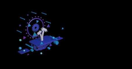 Obraz premium White palm trees symbol on a pedestal of abstract geometric shapes floating in the air. Abstract concept art with flying shapes on the left. 3d illustration on black background