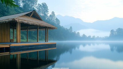 Obraz premium Serene lakeside pavilion surrounded by misty mountains at dawn in nature. Generative AI