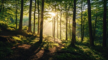 Obraz premium Sunlit forest path, morning mist, hillside trees, nature scene, calm backdrop