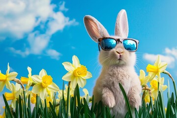 Fototapeta premium Charming Easter bunny wearing stylish sunglasses surrounded by blooming daffodils under a bright blue sky. Perfect for spring, Easter, and holiday-themed designs