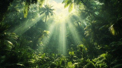 Fototapeta premium Sunlight Filtering Through Lush Green Rainforest Canopy Creating a Mystical Atmosphere