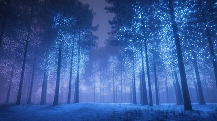 Fototapeta premium Enchanting blue-lit pine forest, snowy ground, foggy night, winter wonderland, holiday card