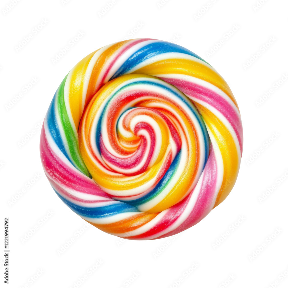 Poster a close up image of a brightly colored swirled lollipop on a black background.
