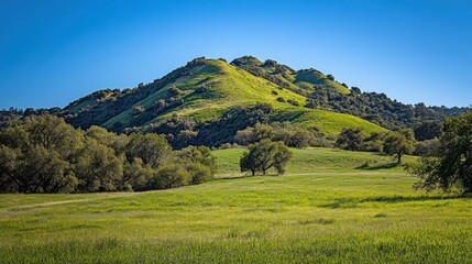 Naklejka premium Sunny spring meadow, rolling hills, clear sky, pastoral landscape, travel brochure