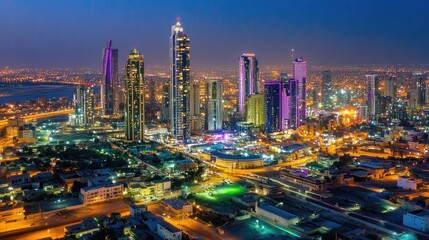 Fototapeta premium Night cityscape, coastal city, skyscrapers, twilight, aerial view, urban development, Middle East, construction, travel, advertising