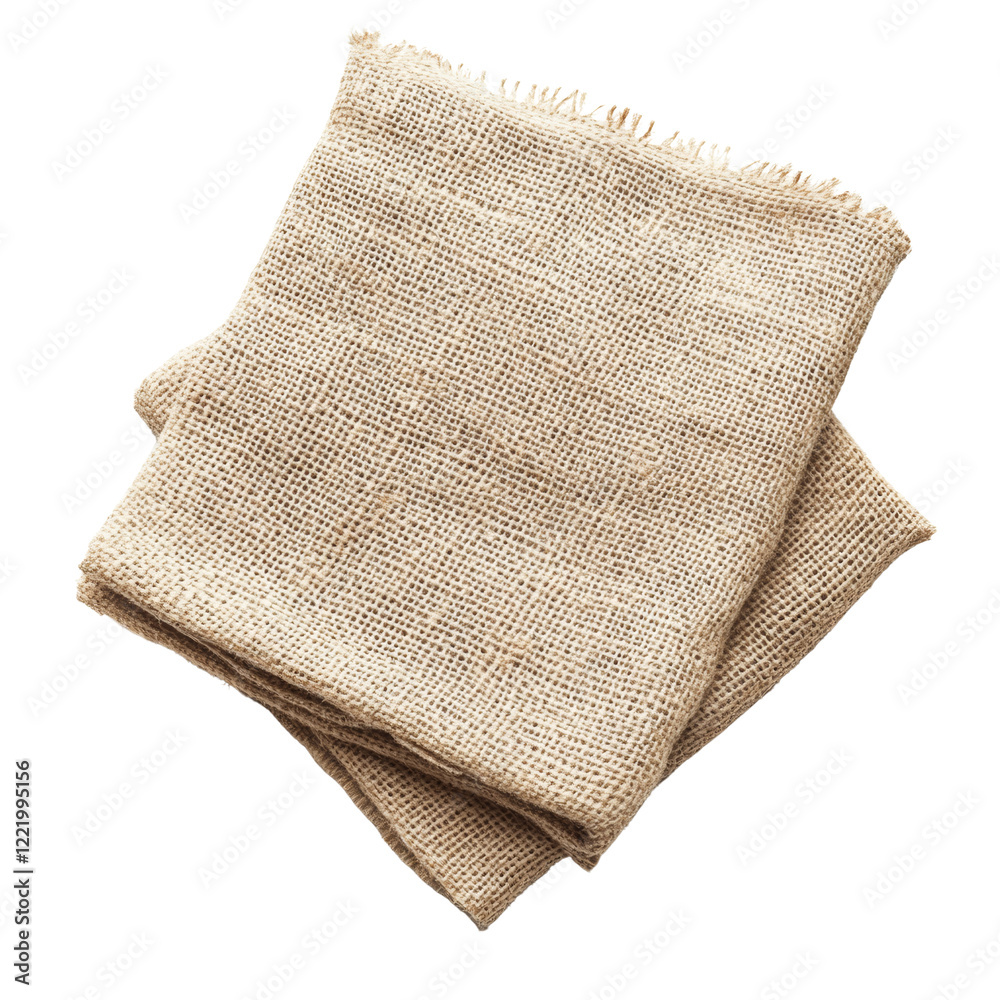 Aufkleber a close up overhead shot of two pieces of folded beige burlap fabric with frayed edges.
