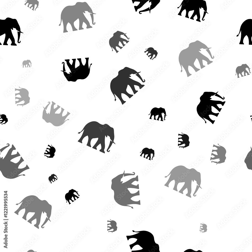 Poster seamless vector pattern with elephants, creating a creative monochrome background with rotated eleme
