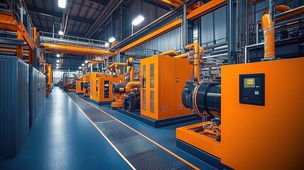 Fototapeta premium A photograph of a modern, high-tech commercial power plant with large industrial machines in an orange color scheme. 