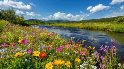 Fototapeta premium Vibrant wildflowers bloom beside a calm river, mountains in background; idyllic summer landscape