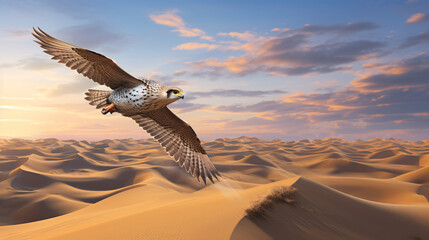 Naklejka premium A realistic Arabian falcon soaring in the sky, showcasing its intricate feathers and majestic wings.