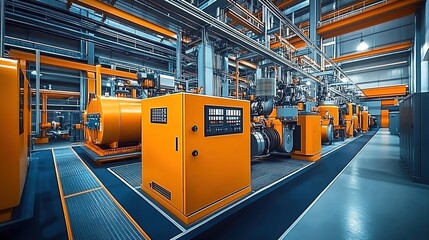 A photograph of a modern, high-tech commercial power plant with large industrial machines in an orange color scheme. 