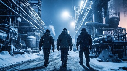Workers walking snowy industrial plant night