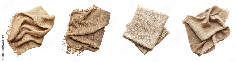 Poster An image showcasing four pieces of burlap fabric displayed in various folded arrangements against a black background.