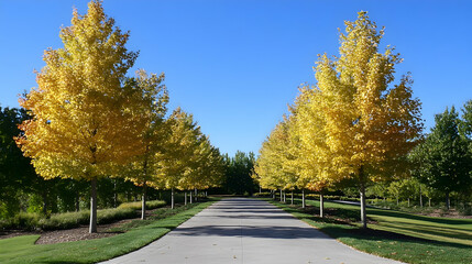 Obraz premium Autumnal driveway lined with golden trees, sunny day, landscaping