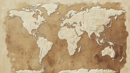  An antique world map with an aged, sepia-toned aesthetic, showcasing the global contours and features in detailed detail.