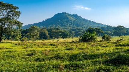 Fototapeta premium Lush green savanna, mountain backdrop, sunny day, tropical landscape, wildlife habitat